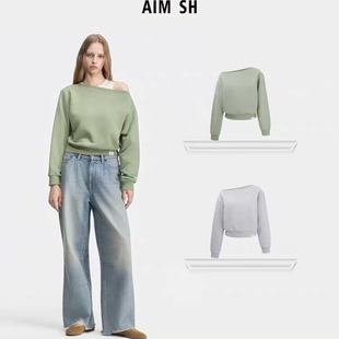 新品 长袖 AIM 夹标斜领露肩卫衣运动衫 上衣 SH女士