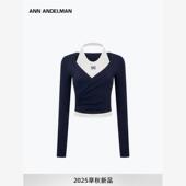 长袖 设计师ANN T恤挂脖背心真两件 新款 掐腰上衣修身 ANDELMAN 秋季