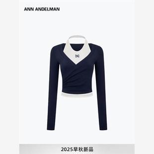 设计师ANN ANDELMAN 秋季新款掐腰上衣修身长袖T恤挂脖背心真两件