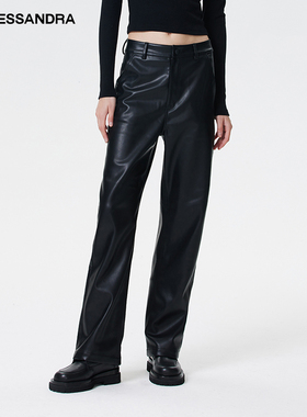 设计师 LE ALESSANDRA 黑色复古中高腰PU直筒暗扣皮裤休闲长裤