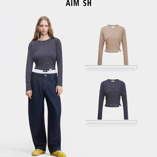 细腰收腰条纹长袖 SH女士 AIM T恤上衣 新品