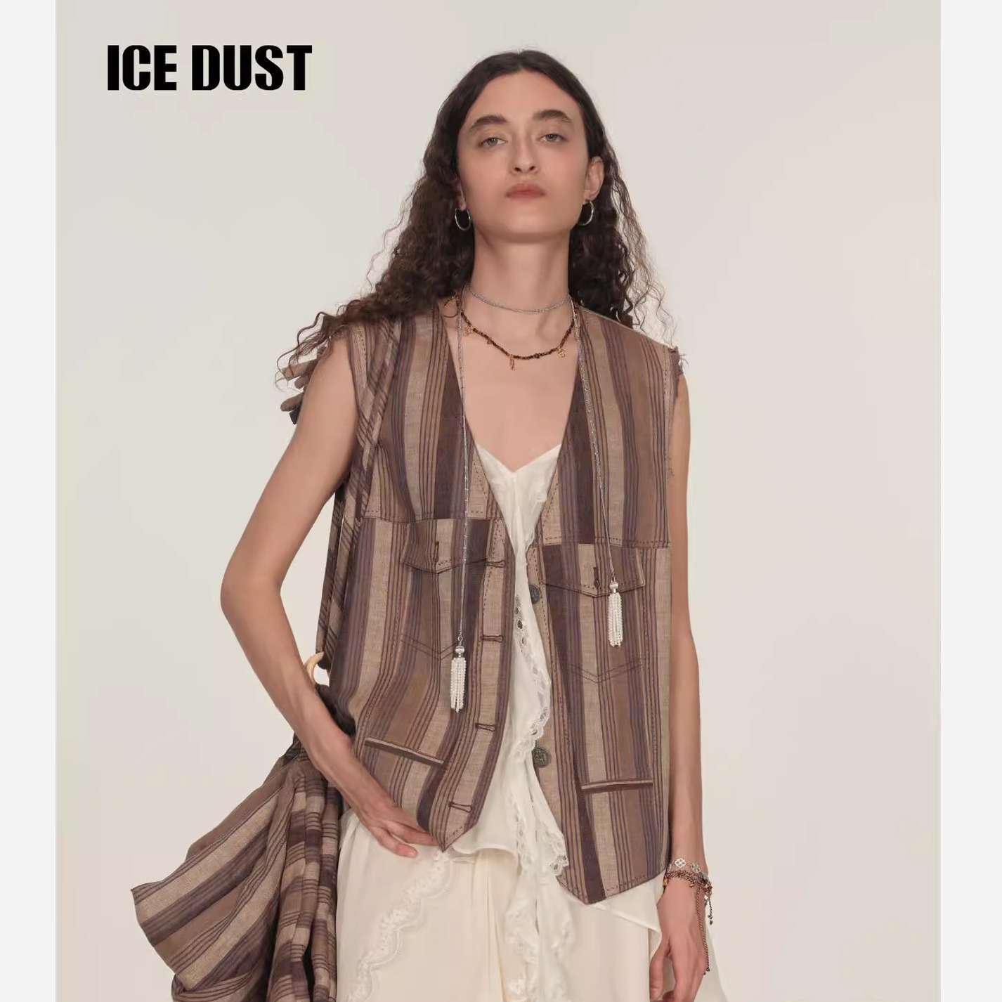 ICEDUST 色织亚麻竖条马甲女25PF秋季波嬉风覆古百搭休闲马夹上衣