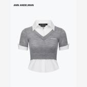 设计师ANN 早秋上衣 收腰短款 ANDELMAN 假两件针织背心拼接衬衫