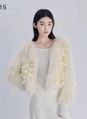 LJOS琥珀琉璃黄花朵装饰貉子毛皮草2025冬