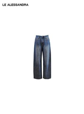 LE ALESSANDRA Crystal满天星闪钻直筒刺绣牛仔长裤