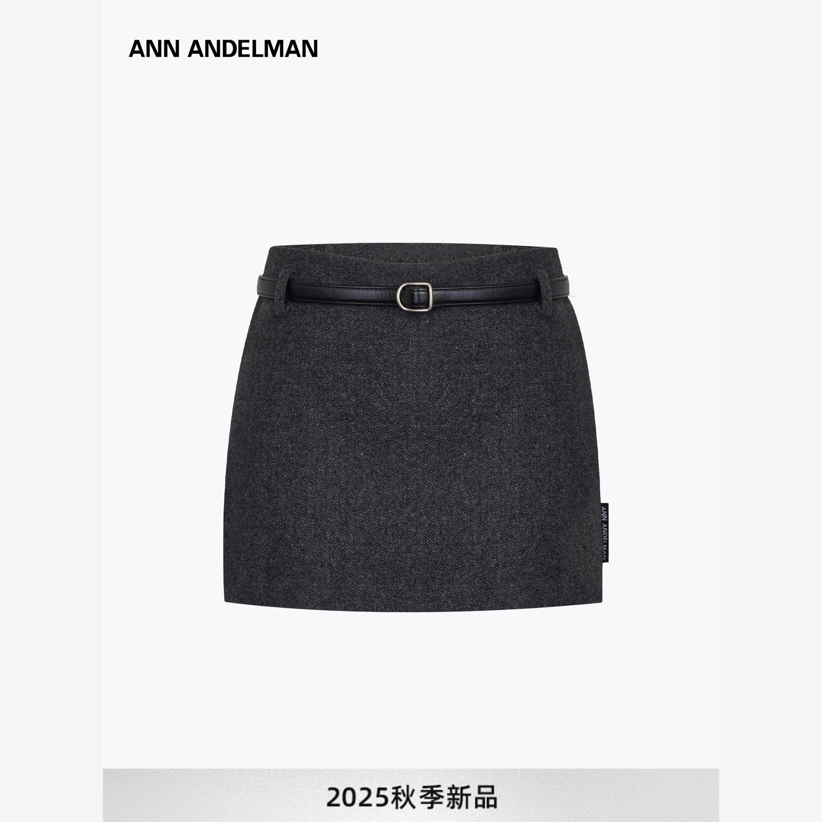 设计师ANN ANDELMAN秋季半身裙女新款包臀修身直筒腰带毛呢短裙