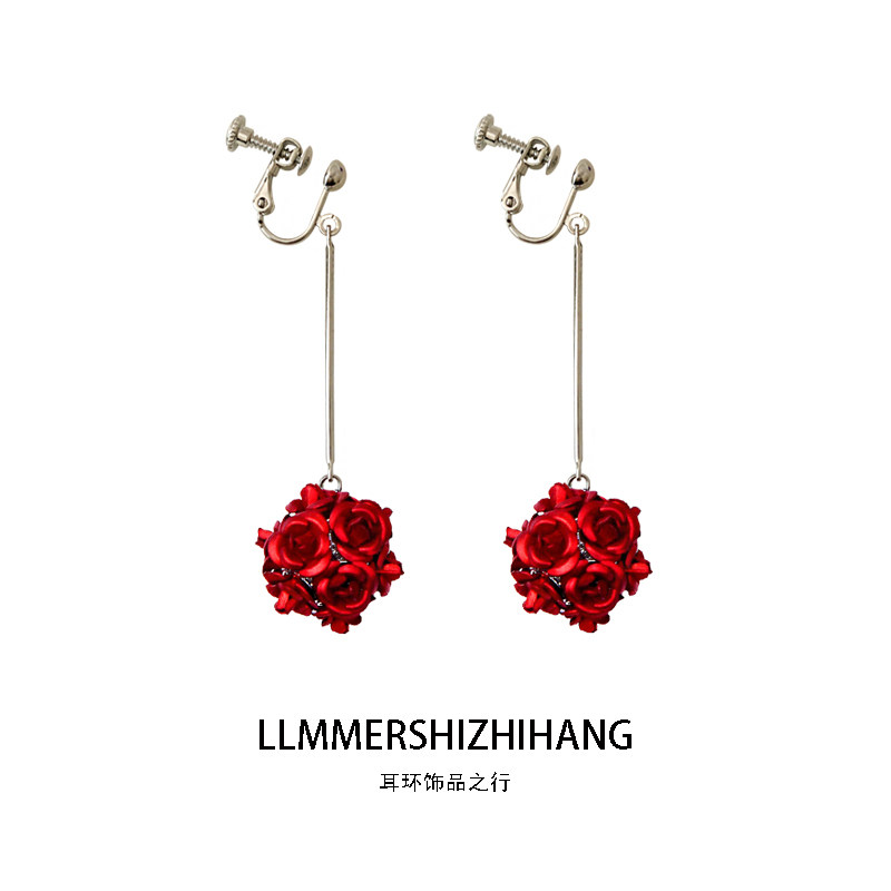 红玫瑰花耳环长款耳钉2022年气质简易女耳坠螺旋耳夹无耳洞耳饰品