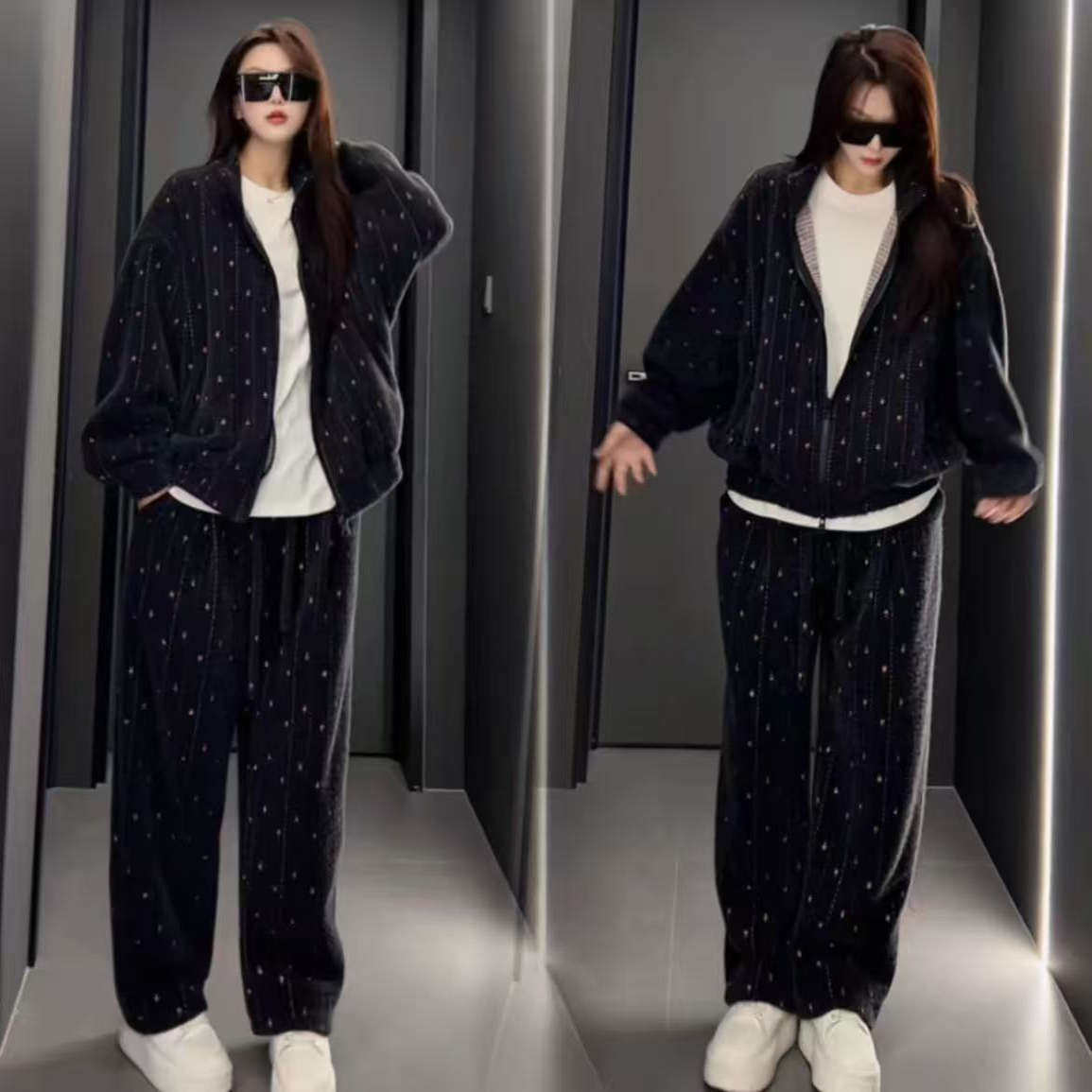 炎炎秋冬立领加厚套装卫衣彩织拉链开衫外套休闲裤两件套男女同款