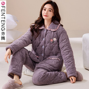 珊瑚绒三层夹棉袄女士冬加绒中老年人冬季 芬腾新款 加厚睡衣妈妈款
