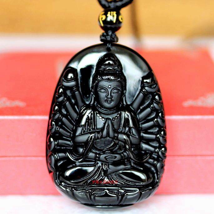 天然黑曜石千手观音菩萨吊坠男女玉项链生肖属鼠本命佛守护神挂绳