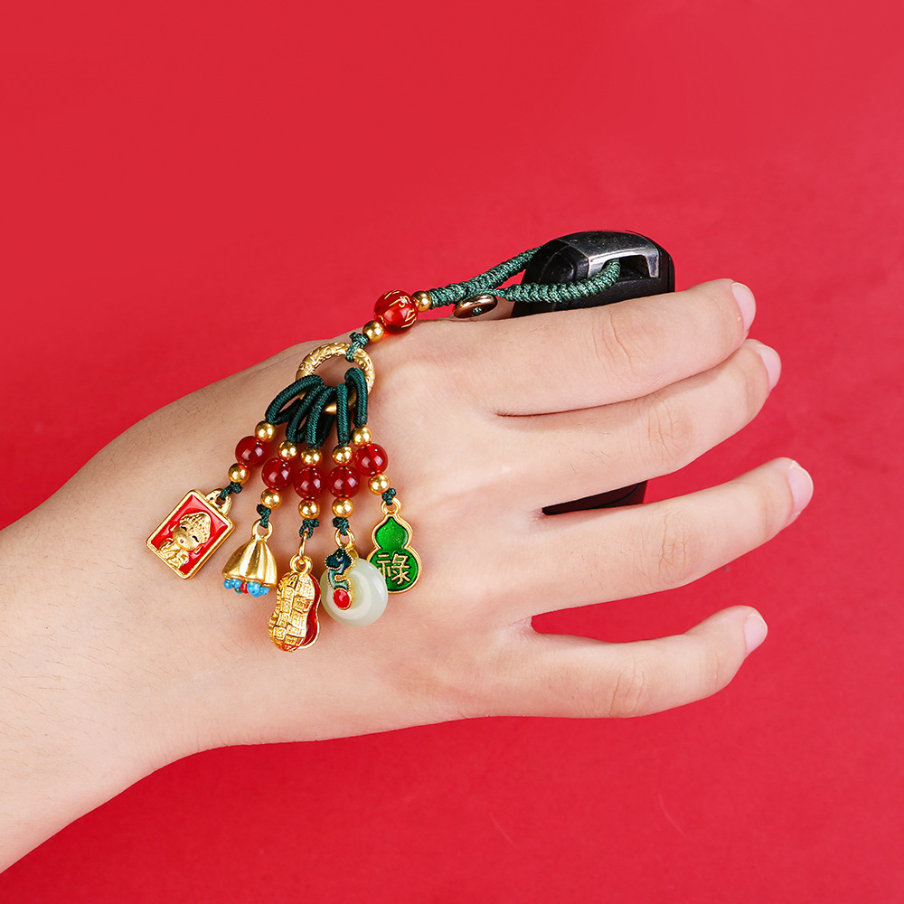 复古国潮珐琅彩合金汽车钥匙扣沙金铜情侣挂件百无禁忌包包小挂饰