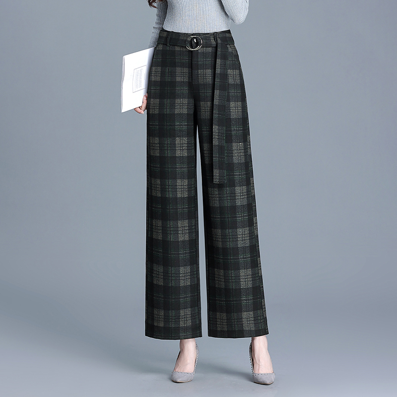 毛呢阔腿裤女秋冬季格子裤女裤