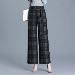毛呢裤子女2025秋冬新款高腰时尚大码格子阔腿裤显瘦气质百搭女裤