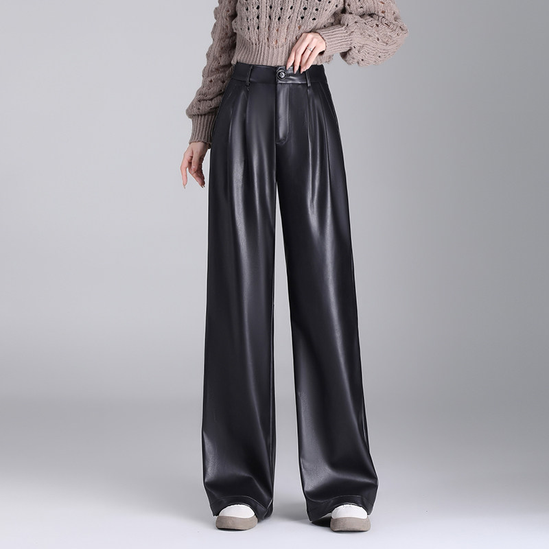 软皮休闲裤2024新款显瘦高腰皮裤女秋冬季宽松阔腿裤窄版直筒裤子,女装/女士精品,休闲裤,淘宝优惠券,粉丝福利购,淘宝优惠卷