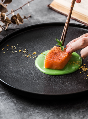 黑色陶瓷复古牛排盘简约磨砂餐厅西餐盘菜盘子素雅平盘鱼盘沙拉盘