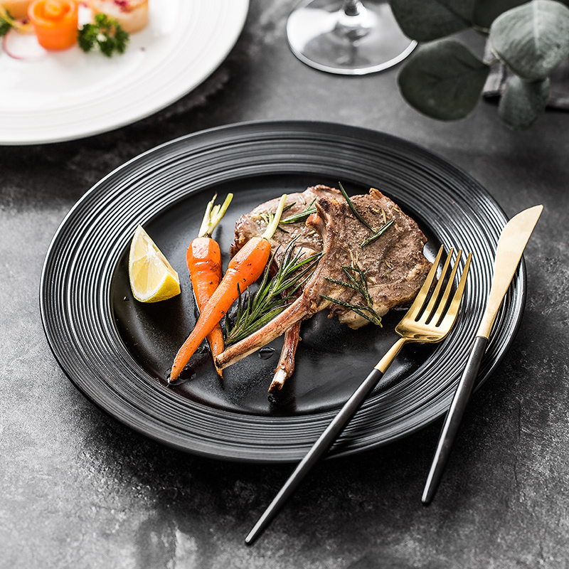 北欧简约拉丝纹平盘亚光甜品盘子黑色牛排盘意面盘西餐厅摆盘包邮