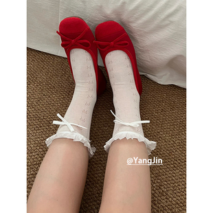 薄款 春夏季 无骨蝴蝶结暗花蕾丝边中筒女袜堆堆袜纯色ins韩风袜子