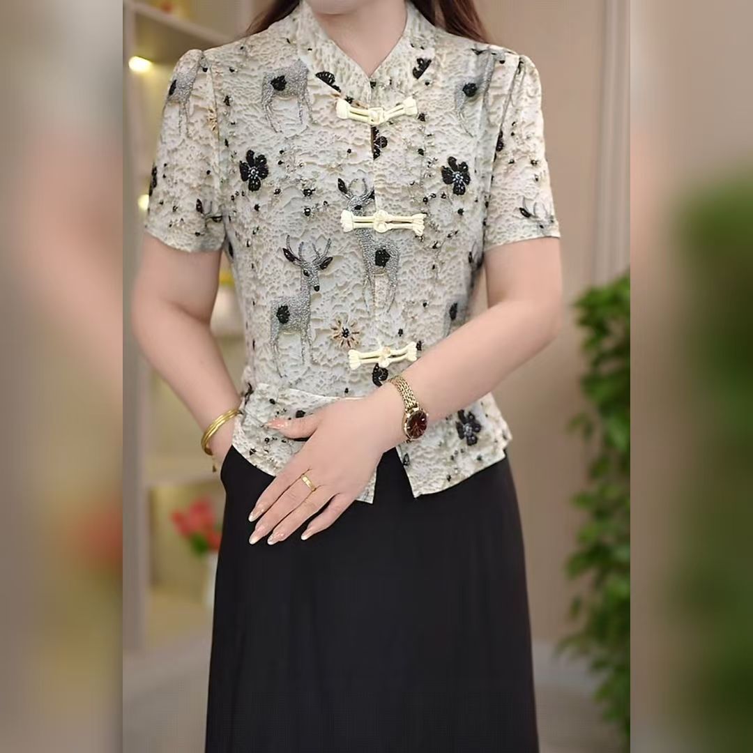 2025新款妈妈夏装时尚连衣裙洋气雪纺短袖气质贵夫人裙子中老年女