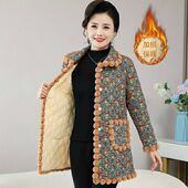 休闲风碎花加绒棉服女中老年妈妈装 中长款 保暖气质棉袄