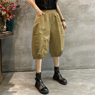夏季含棉韩版休闲七分裤女大口袋松紧腰薄款大码宽松哈伦裤垮裤女