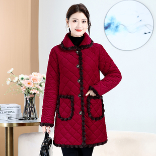 妈妈装冬翻领灯芯绒加绒棉衣外套中年女装中长款宽松保暖棉袄外套