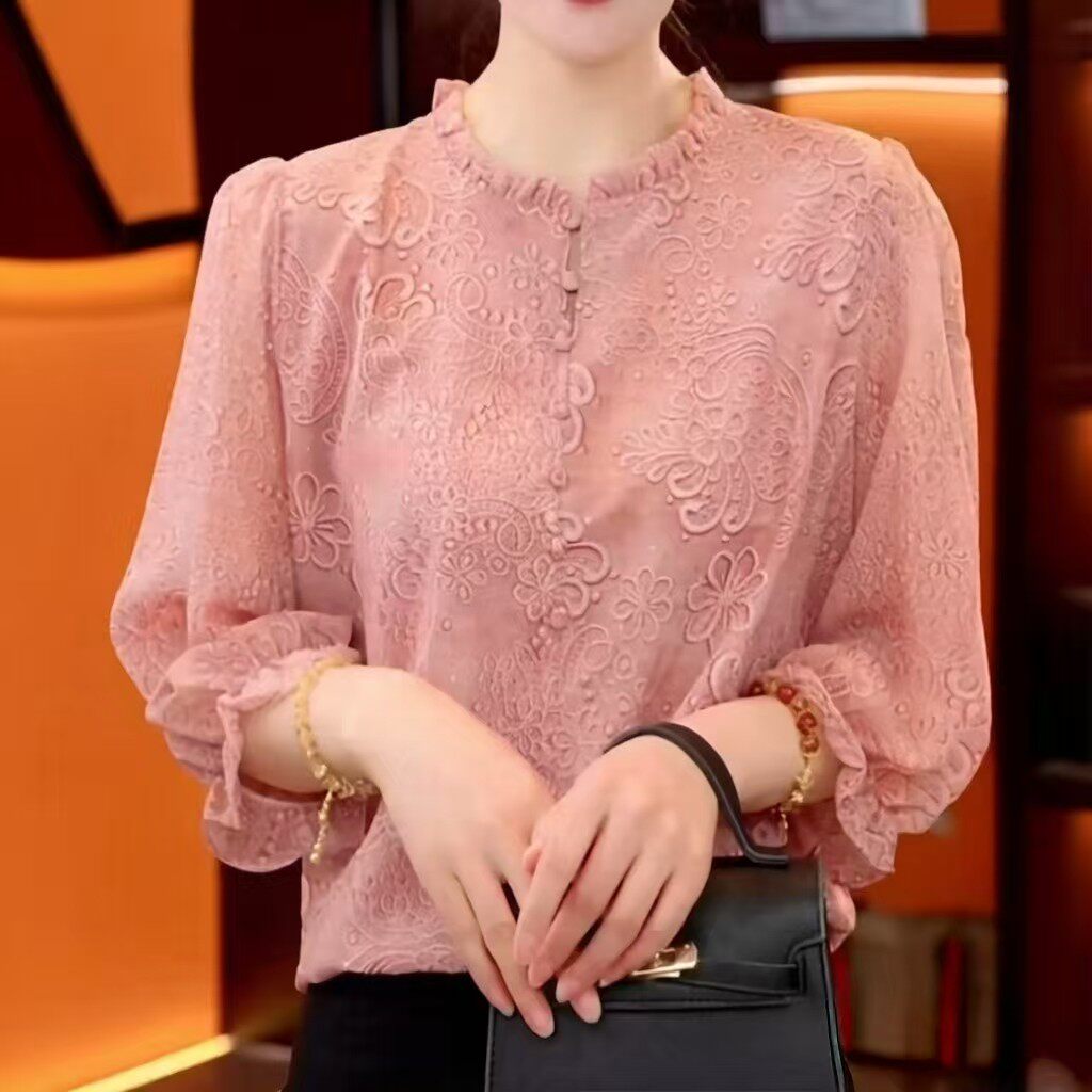 气质花边领粉色七分袖衬衫女上衣春夏气质显瘦小衫宽松印花妈妈装