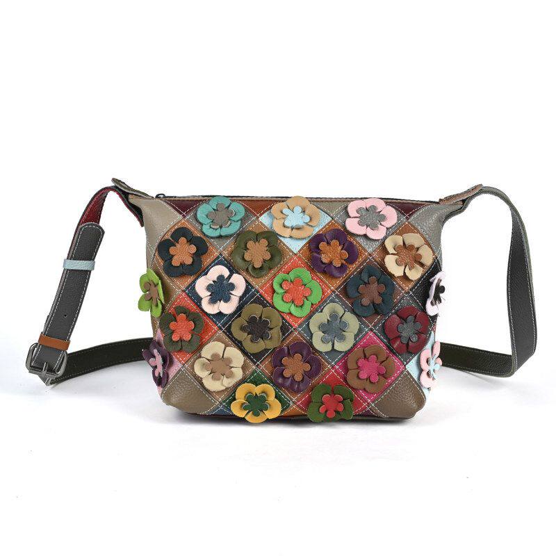 欧美真皮女包头层牛皮单肩包手工花朵拼色菱格女款休闲百搭包背包