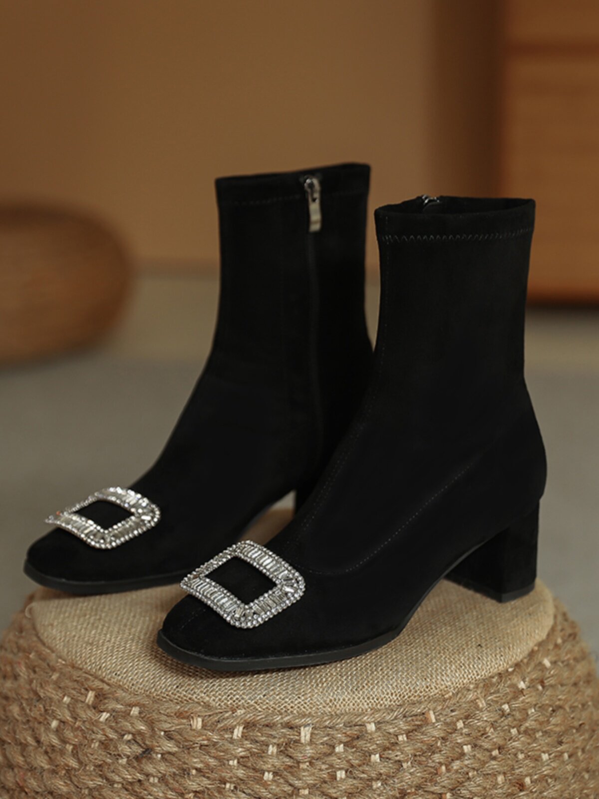 RHINESTONE BLOCK HEEL BOOTIE WOMENS SQUARE HEAD SIDE ZIPPER HIGH HEEL MARTIN BOOTS 2024 AUTUMN WINTER VELVET BOOTS WOMENS SKINNY BOOTS