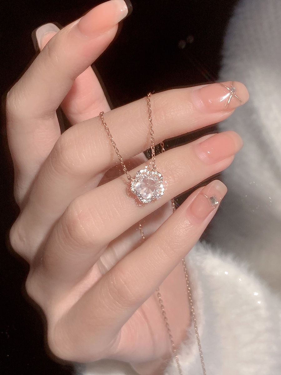 925银粉水晶项链女锁骨樱花颈链