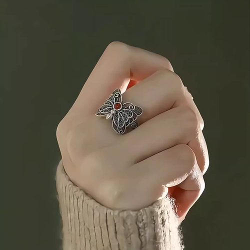 新中式南红蝴蝶戒指女纯银