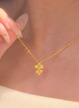 复古金色双花吊坠项链高级感颈链