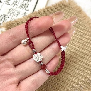 s925纯银小莲花红绳手链女2025年新款新中式国风复古转运珠手饰品
