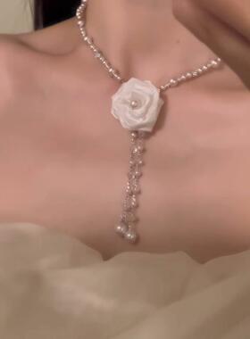 玫瑰花仿珍珠流苏项链女配饰颈链