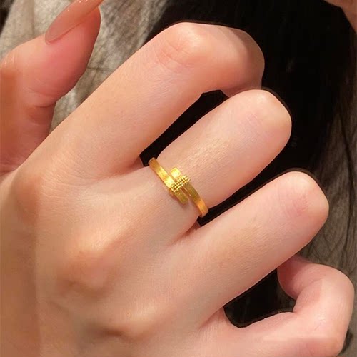 黄金色拉丝交叉戒指女