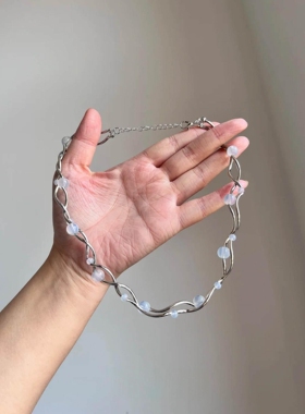 浅蓝色串珠波浪项链女双层颈链