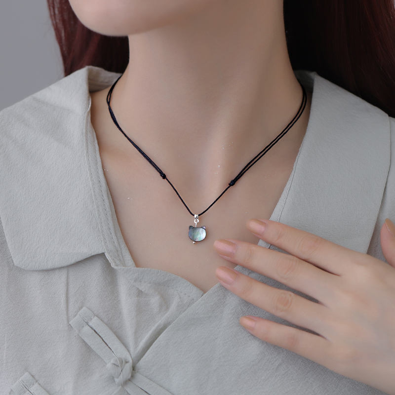 纯银黑猫咪吊坠项链轻奢小众颈链