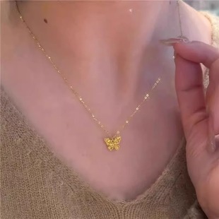 s925纯银鱼鳞碎冰冰项链女2025新爆款高级感精致金色蝴蝶锁骨颈链