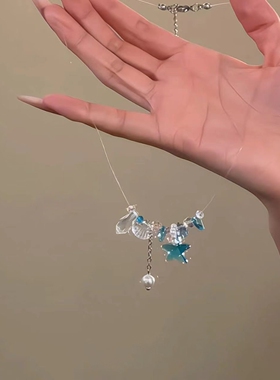 蓝色海星贝壳仿珍珠项链女小众