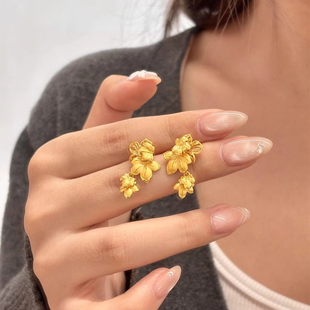 黄金色梧桐叶流苏耳钉女纯银轻奢小众设计高级感花朵耳环秋冬耳饰