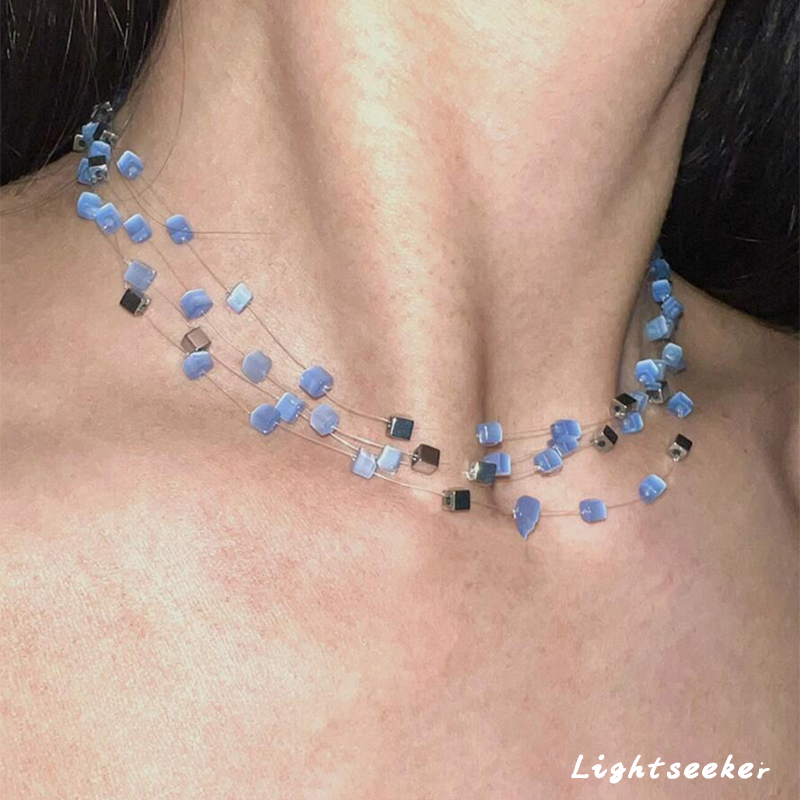 海蓝色猫眼石方糖隐形项链女款轻奢小众设计高级感锁骨链夏天颈链