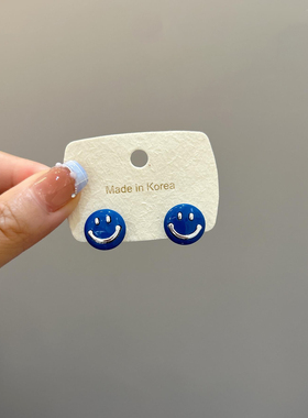 韩国东大门蓝色笑脸耳钉女2025新爆款轻奢小众设计高级感耳环耳饰