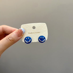 韩国东大门蓝色笑脸耳钉女2026新爆款轻奢小众设计高级感耳环耳饰