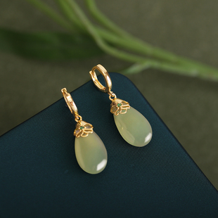 和田玉纯银水滴耳扣女新中式耳环轻奢小众高级感耳坠耳钉耳饰秋冬