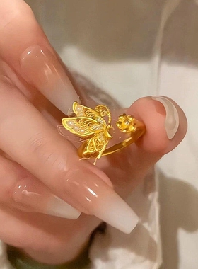 新中式金色镂空蝴蝶戒指女小众设计轻奢高级感精致食指戒开口戒指