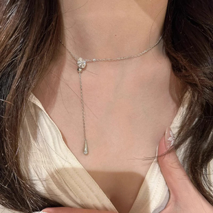 老友记瑞秋同款水滴流苏项链女纯银轻奢小众设计锁骨链高级感配饰