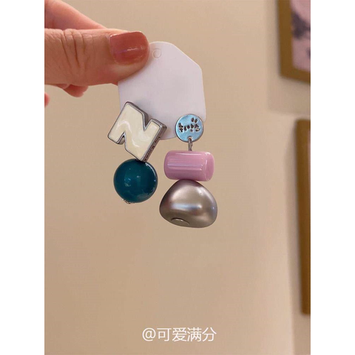 复古撞色几何字母不对称耳钉女