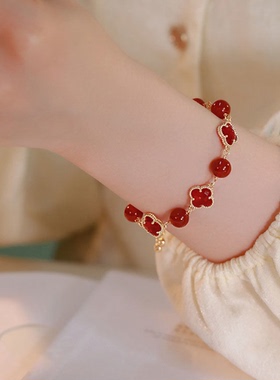 925纯银四叶草手链女红玛瑙手串