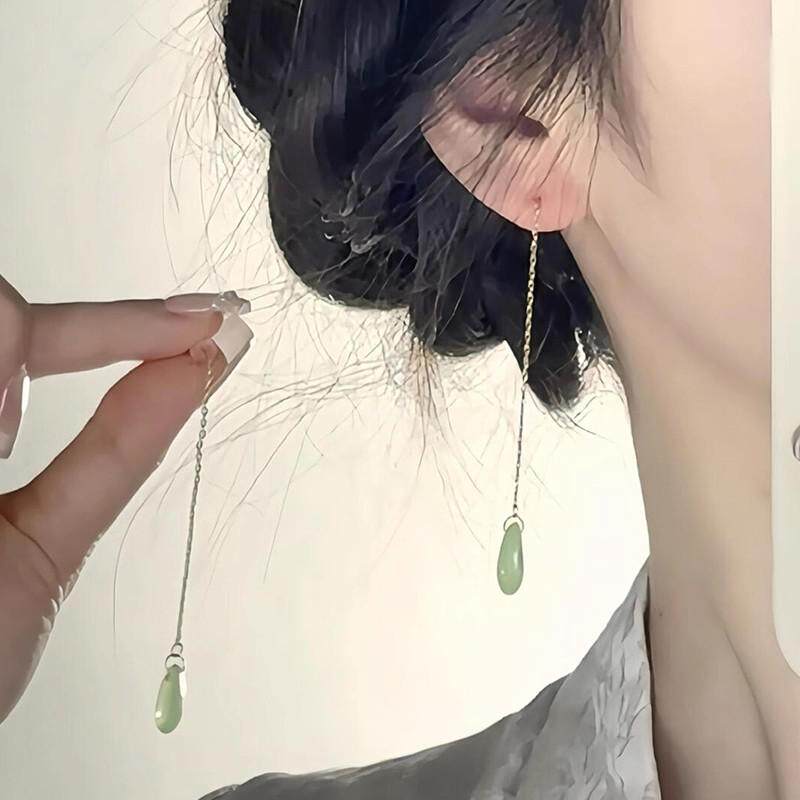 新中式绿色水滴长流苏耳线轻奢小众设计高级感耳环古风灵动耳饰女