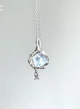 蓝色方块小鱼绕线项链女轻奢高级