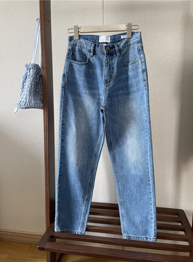 欧美复古简约纯色21FD早秋新款高腰浅蓝色九分牛仔裤女显瘦直筒裤